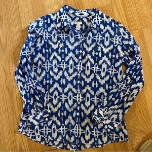Chico’s size 0 blue white button down long  roll tab sleeves cotton tribal Aztec